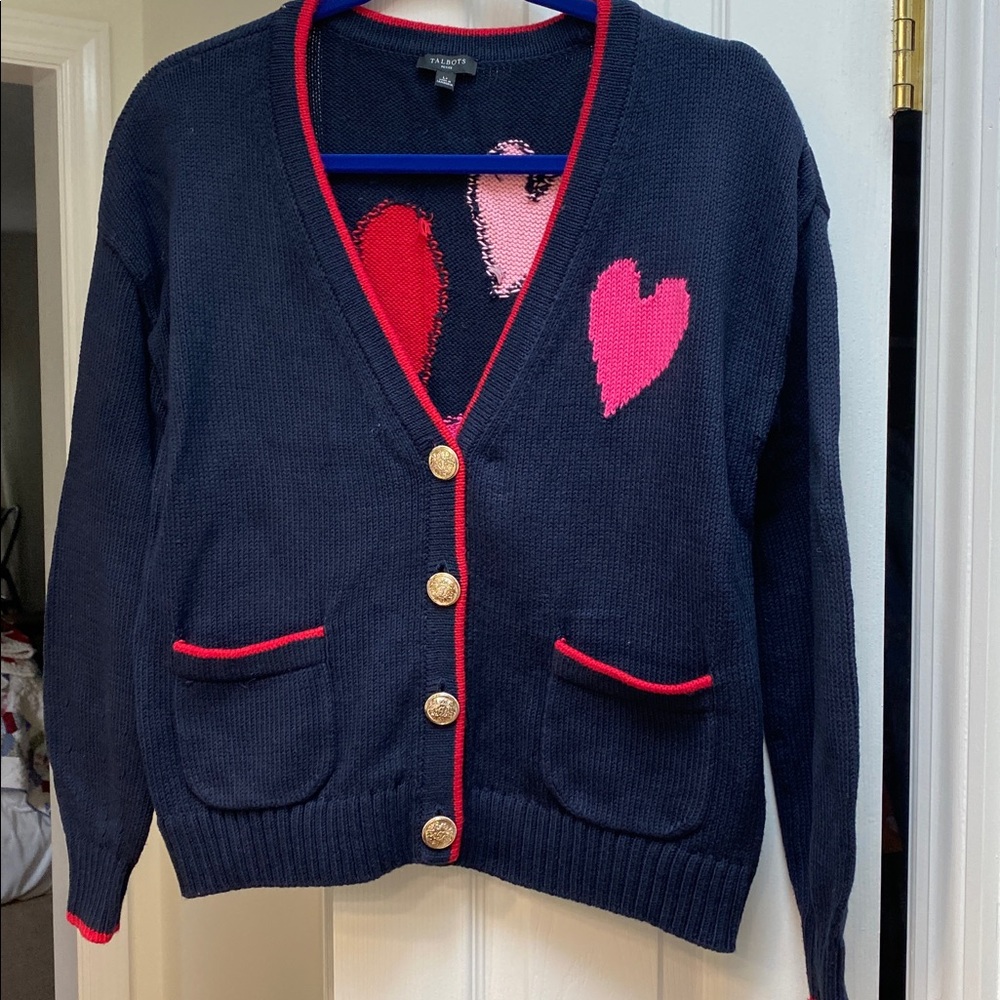 Talbots Navy heart embellished 100% cotton petite cardigan